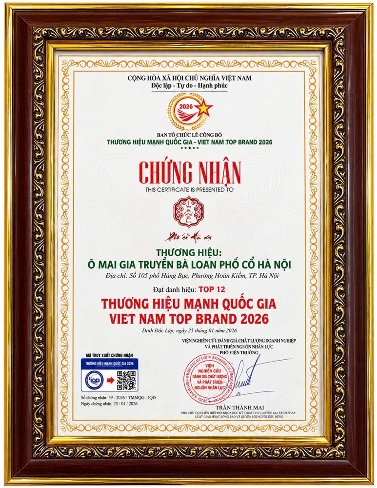 Chứng nhận Top 12 Thương hiệu mạnh Quốc gia – Viet Nam Top Brand 2026 của Ô mai gia truyền Bà Loan Phố Cổ Hà Nội