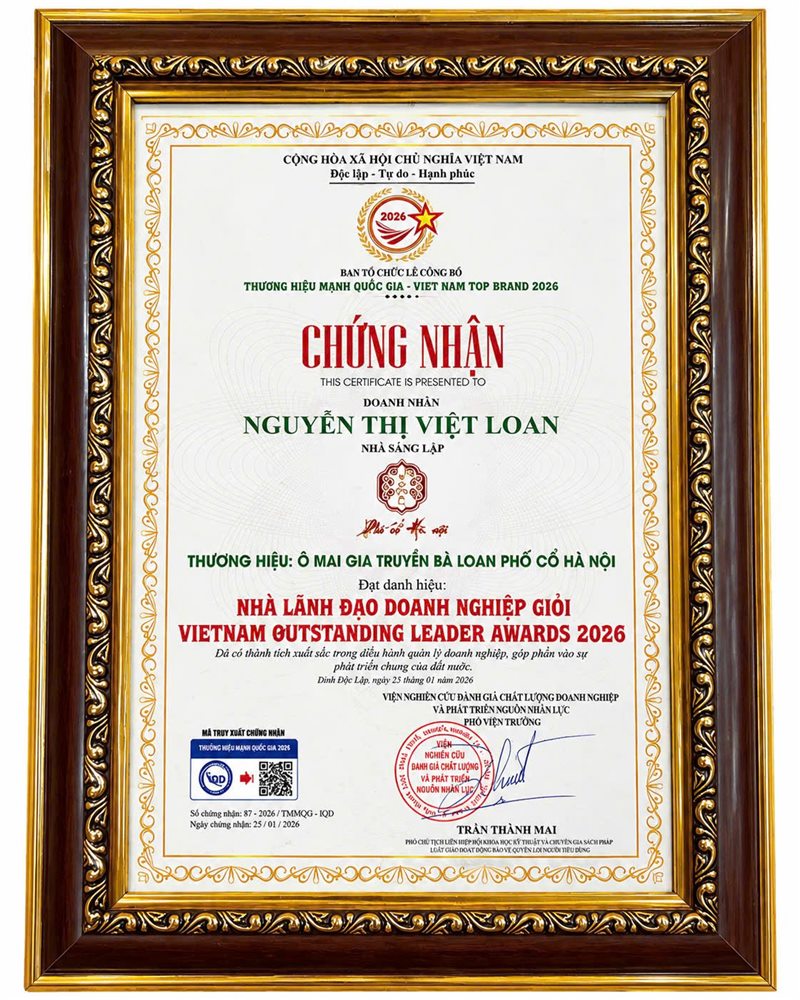 Chứng nhận Nhà lãnh đạo doanh nghiệp giỏi 2026 của bà Nguyễn Thị Việt Loan